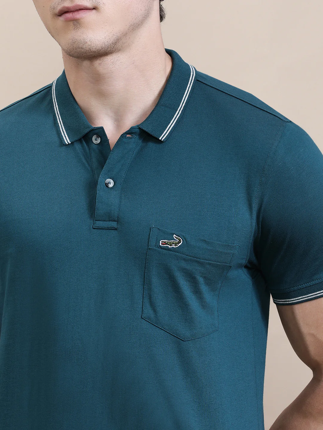 Teal Blue Solid Polo T-Shirt with Pocket
