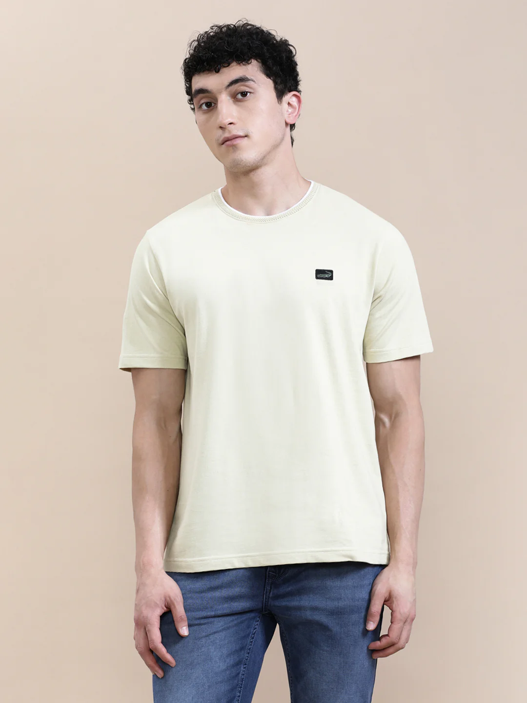 Cream Self-Structured Slim Fit T-Shirt