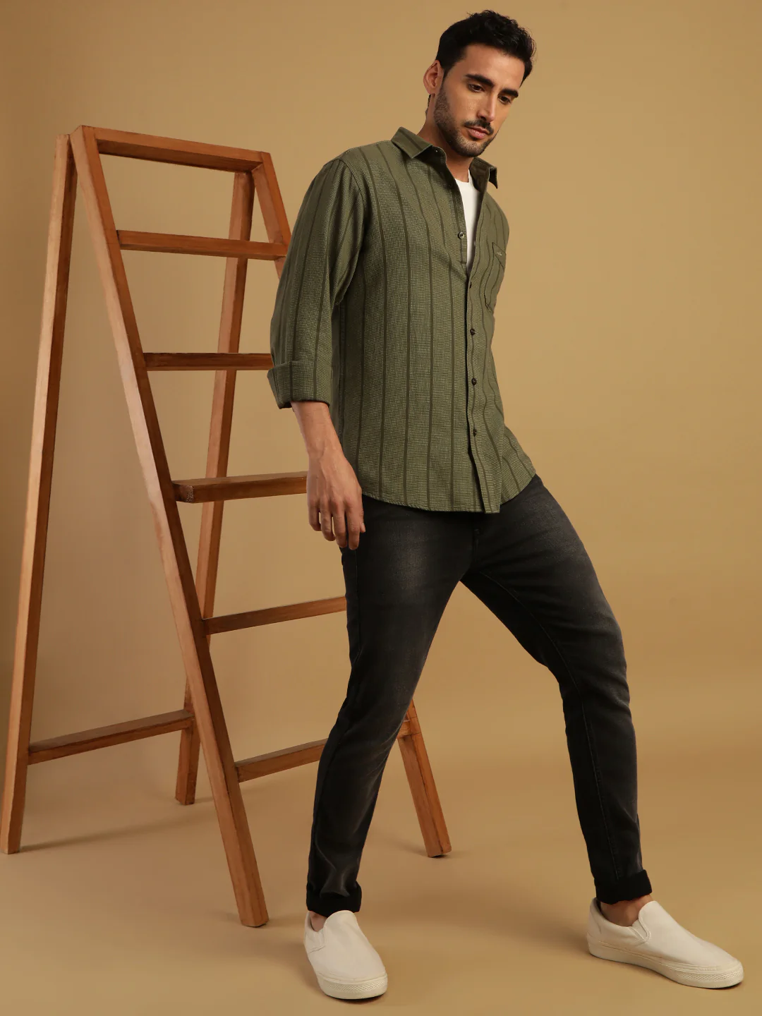 Green Striped Full Sleeve 100% Cotton Shirt