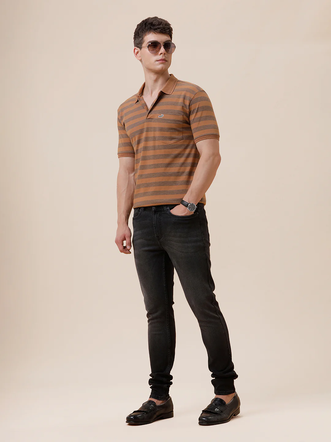 Tonal Melange 1X1 Striped Polo T-Shirt In Mustard