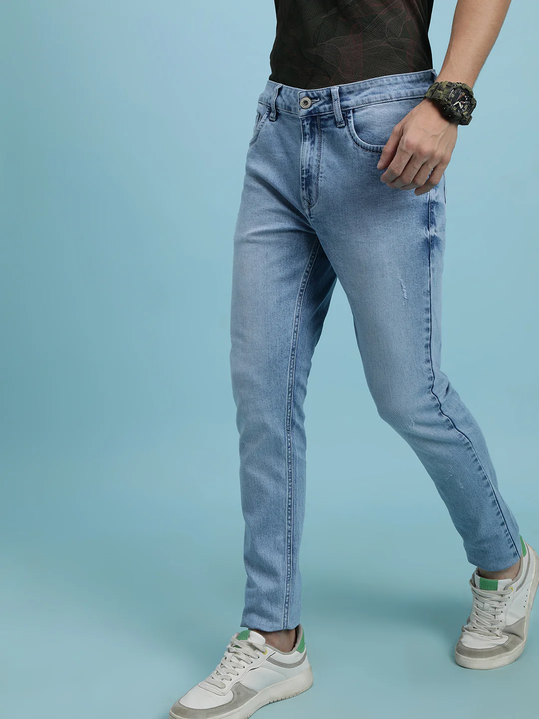 Ice Blue Solid Mid Rise Slim Tapered Jean