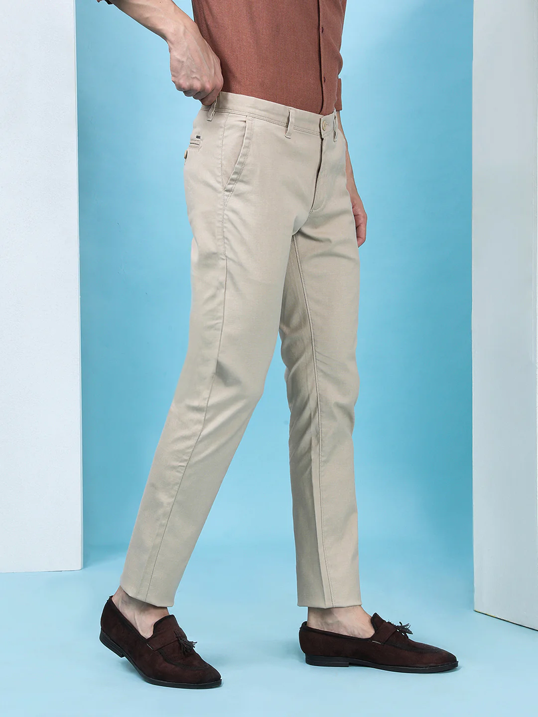 Textured Cotton Blend Stretch Trouser Beige