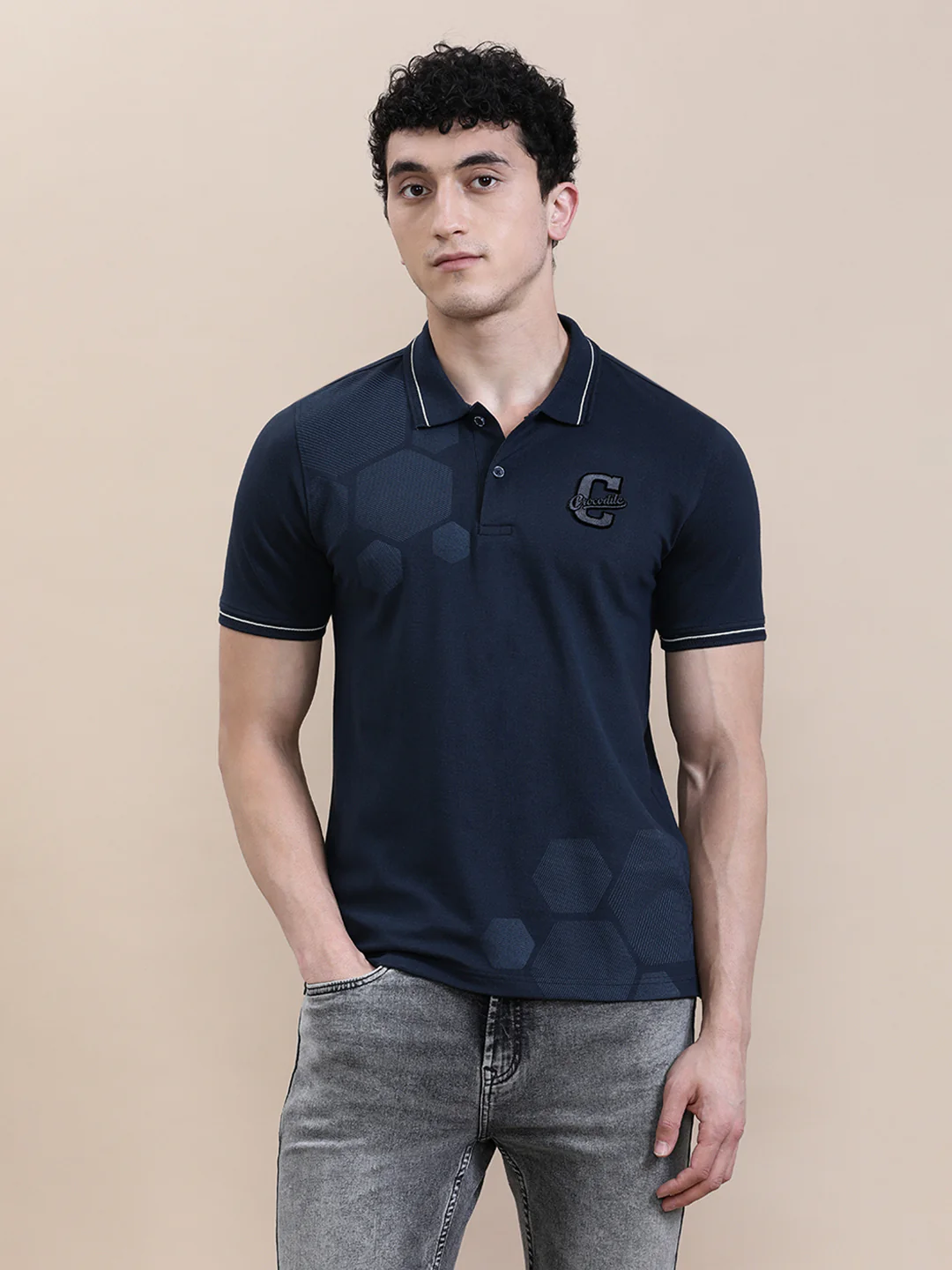 Chenille Embroidery Lycra Slim Fit Polo Navy