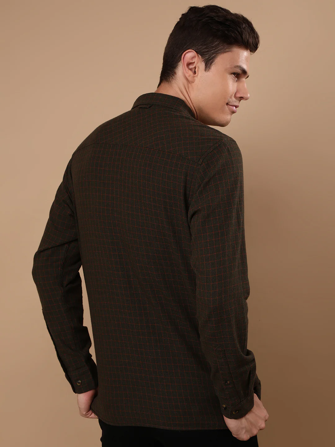 Olive Green Checked Full Sleeve 100% Cotton Shirt