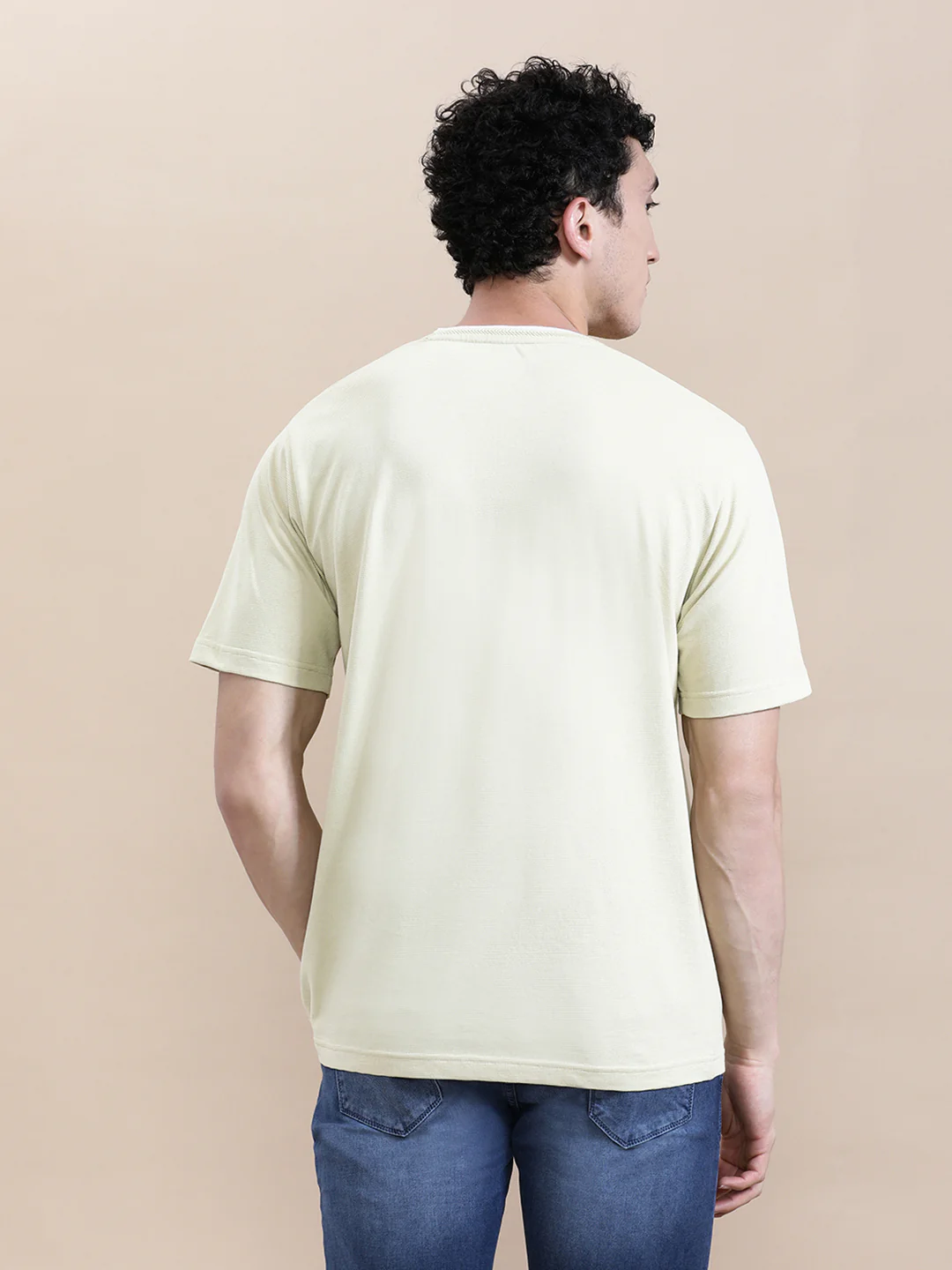 Cream Self-Structured Slim Fit T-Shirt