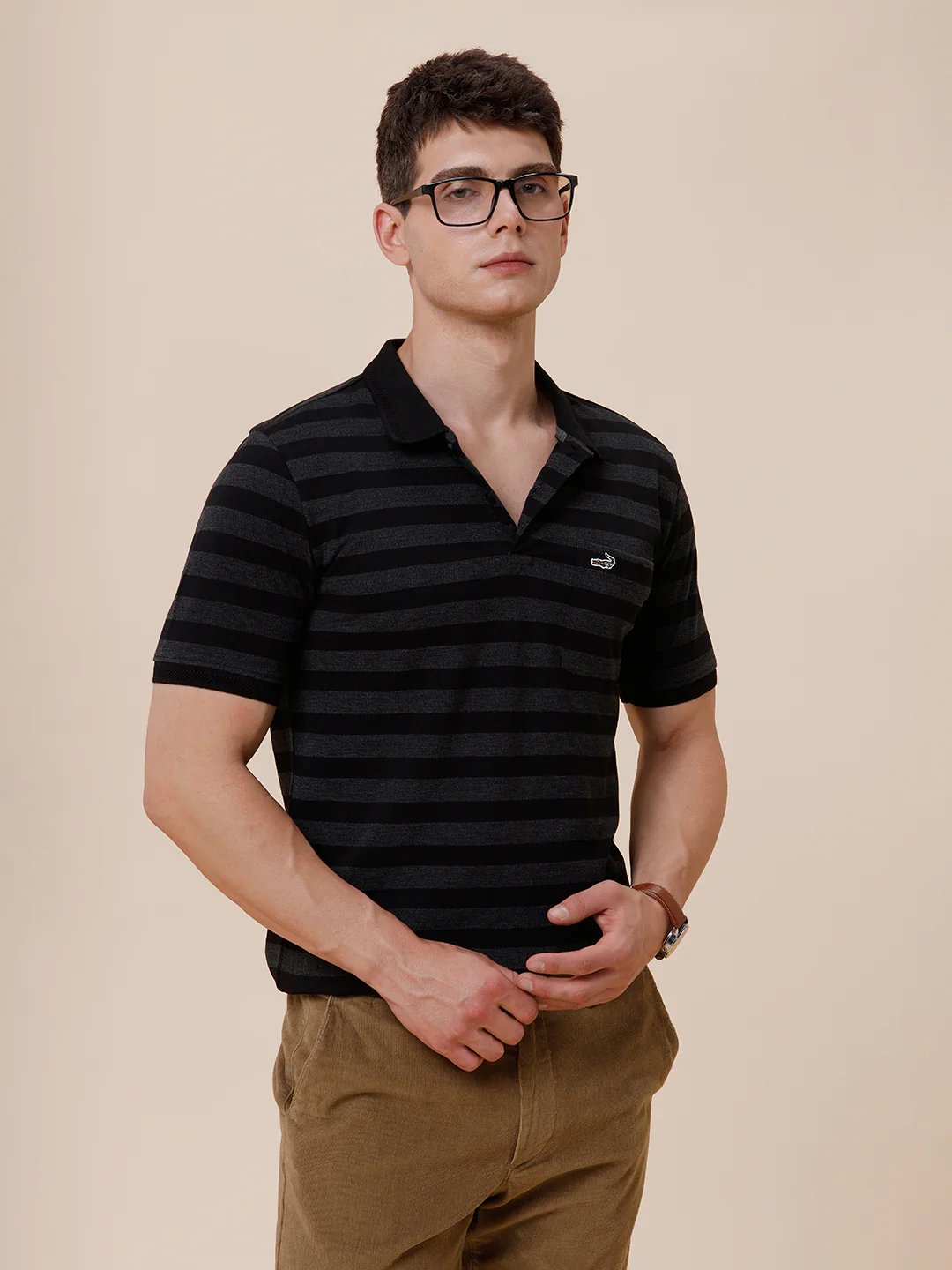 Tonal Melange 1X1 Striped Polo T-Shirt In Charcoal