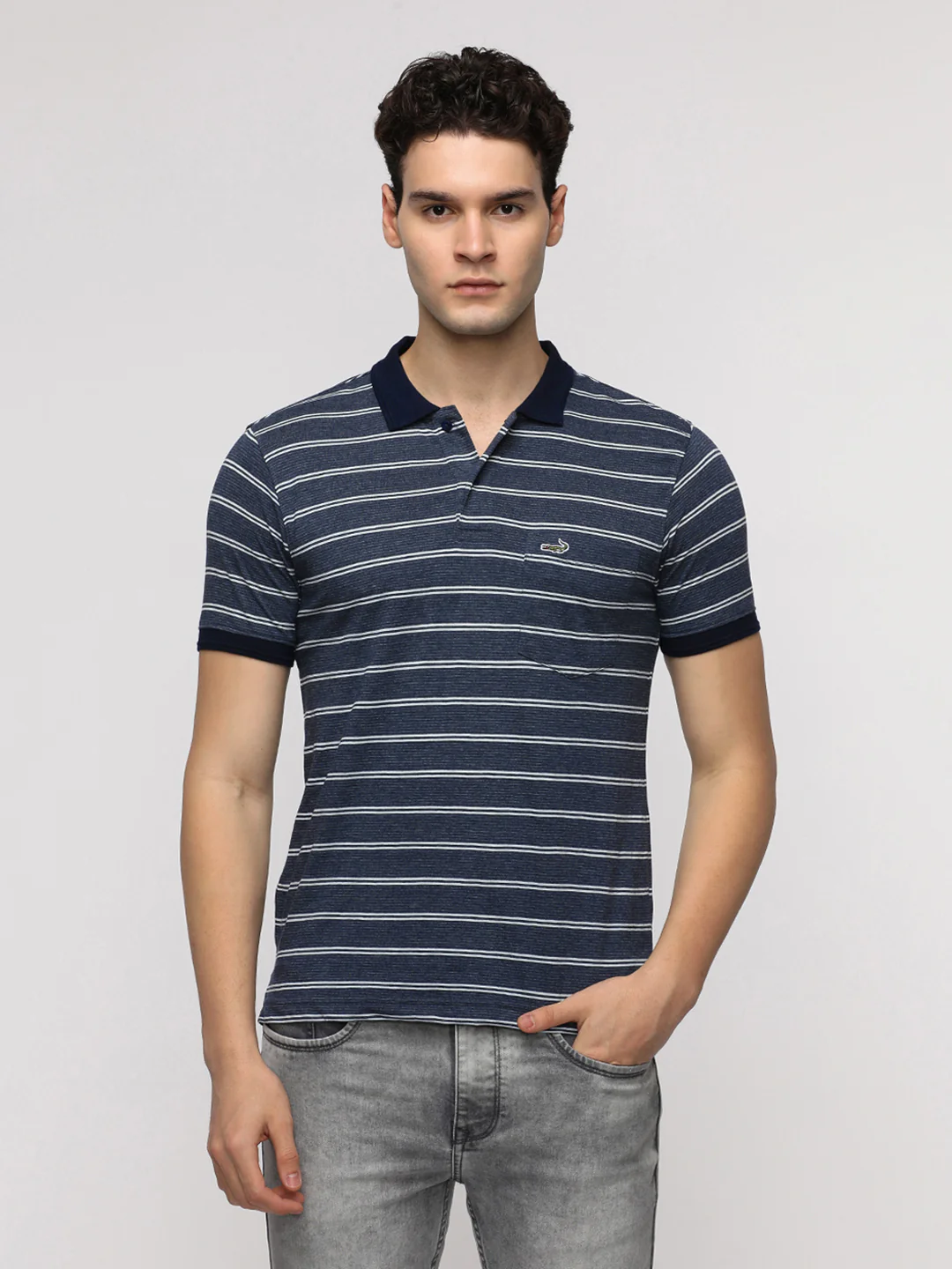 Yarn Dyed Micro Stripe Polo T-Shirt in Navy with Pocket