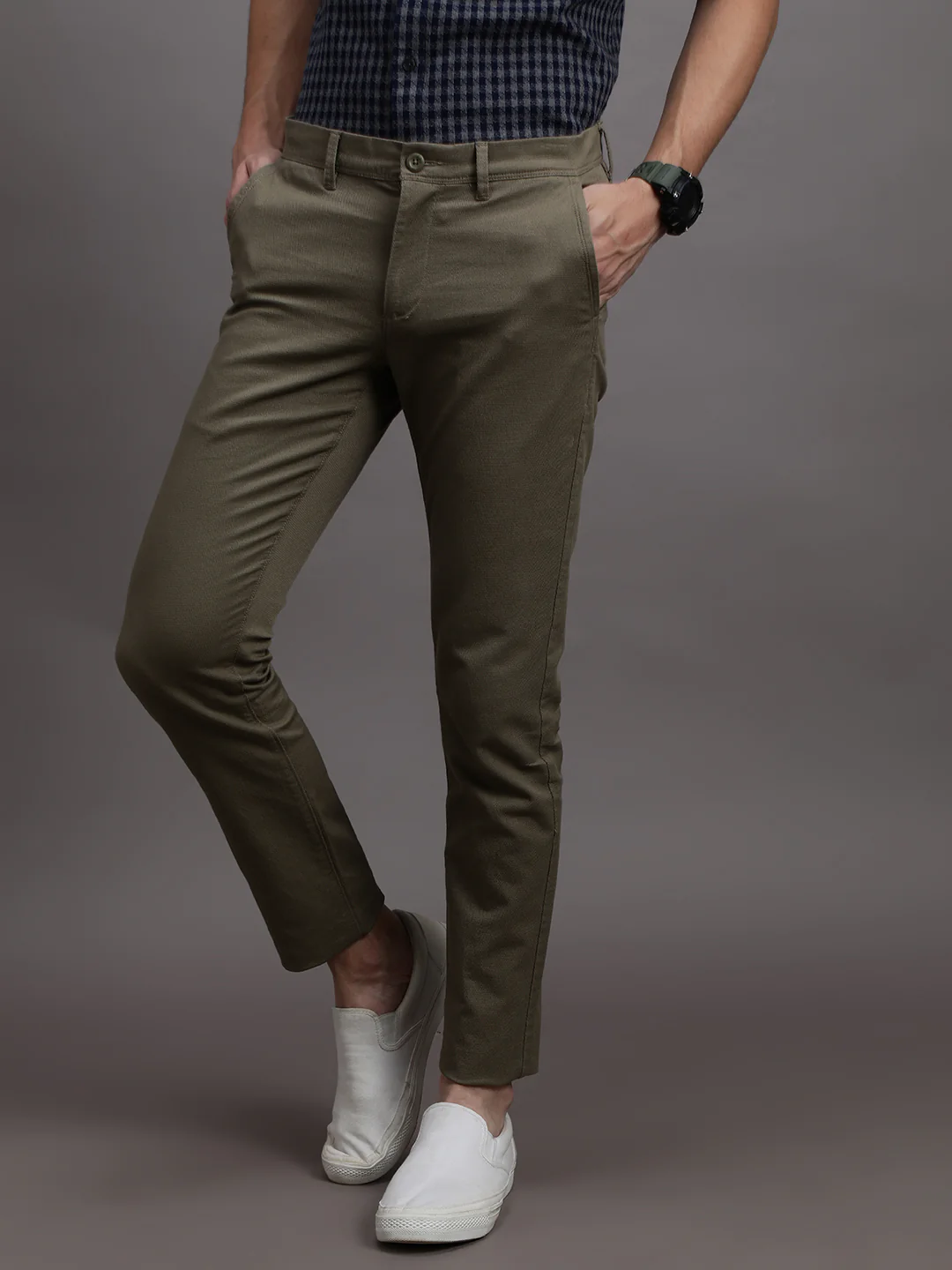 Casual Olive Green Solid Slim Fit Trouser