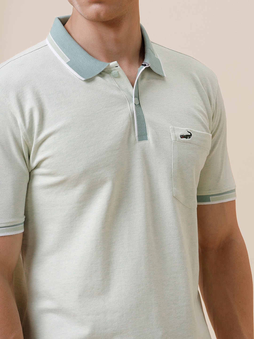 Melange Solid Polo Tshirt With Plated Collar & Cuff In Green Melange