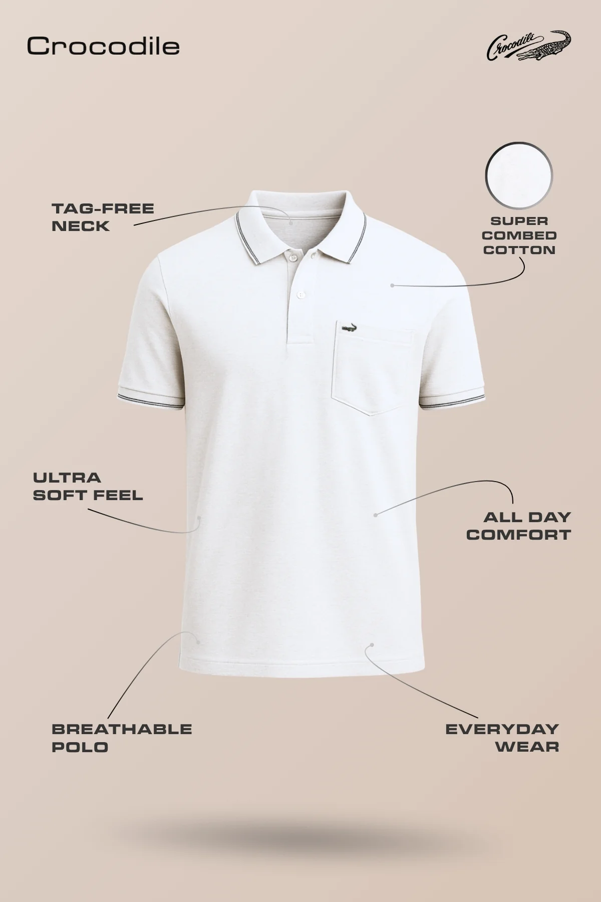 Beige Solid Casual Polo T-Shirt with Pocket