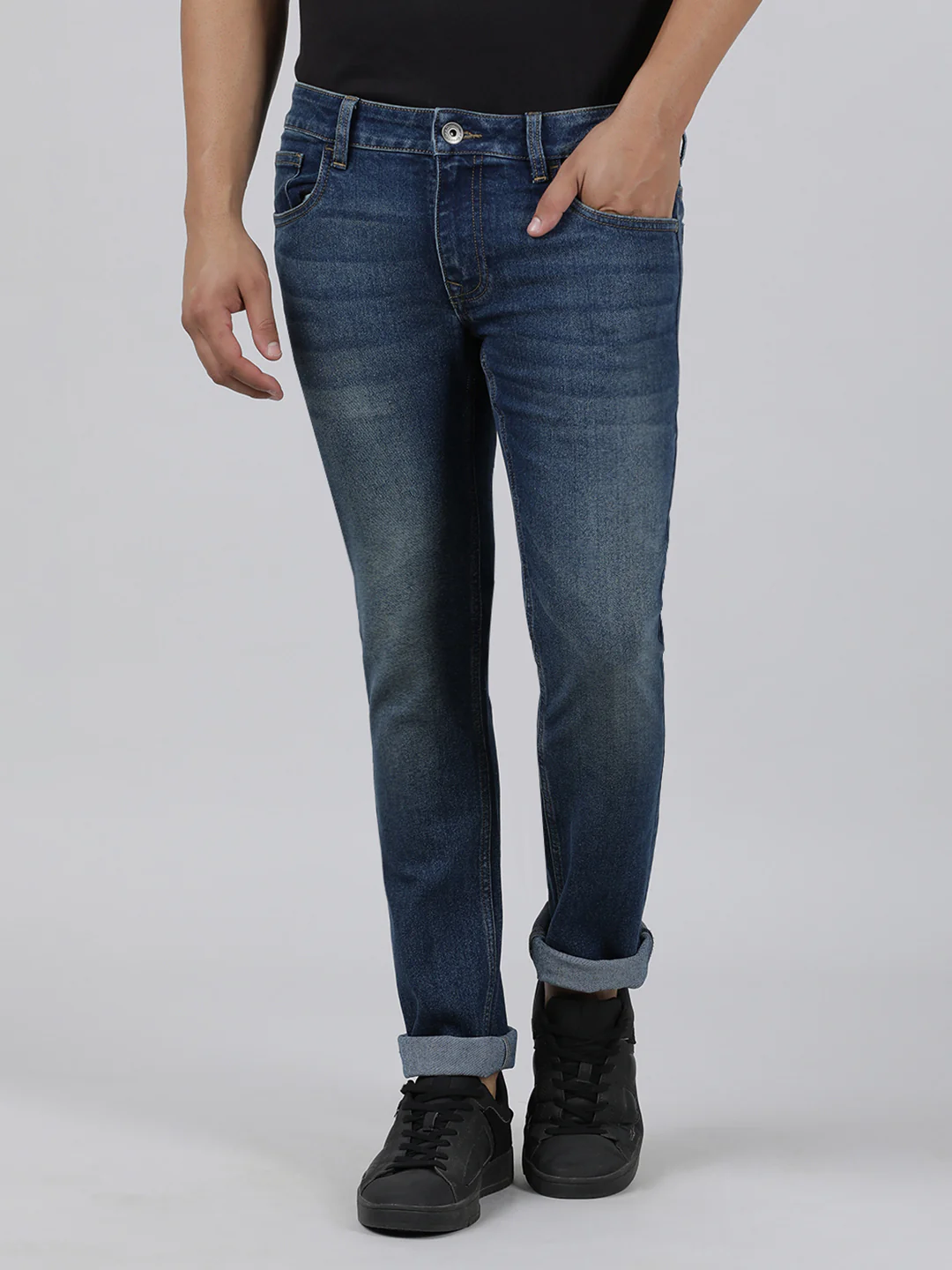 Mid Blue Solid Mid Rise Slim Fit Casual Jean