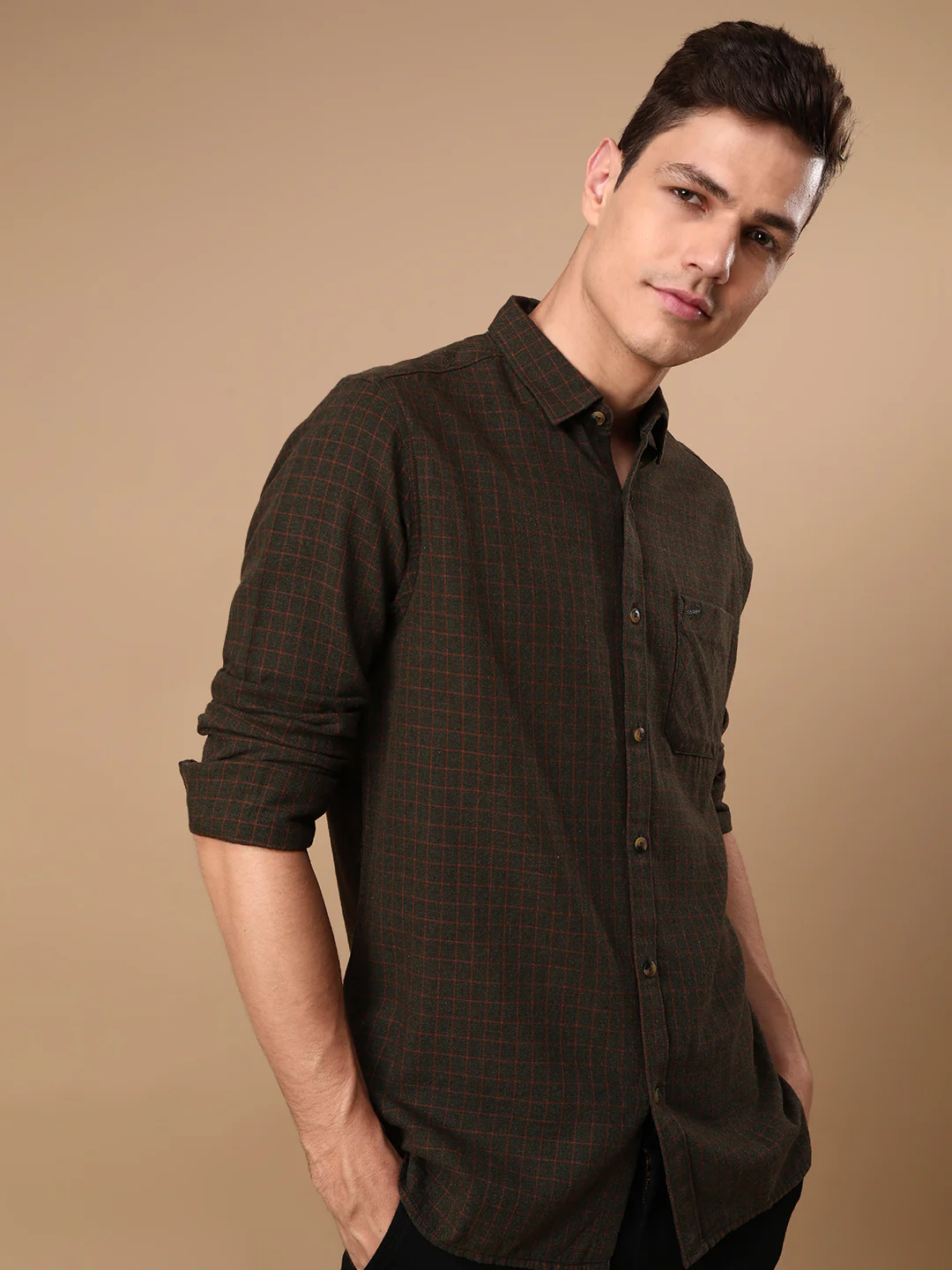 Olive Green Checked Full Sleeve 100% Cotton Shirt