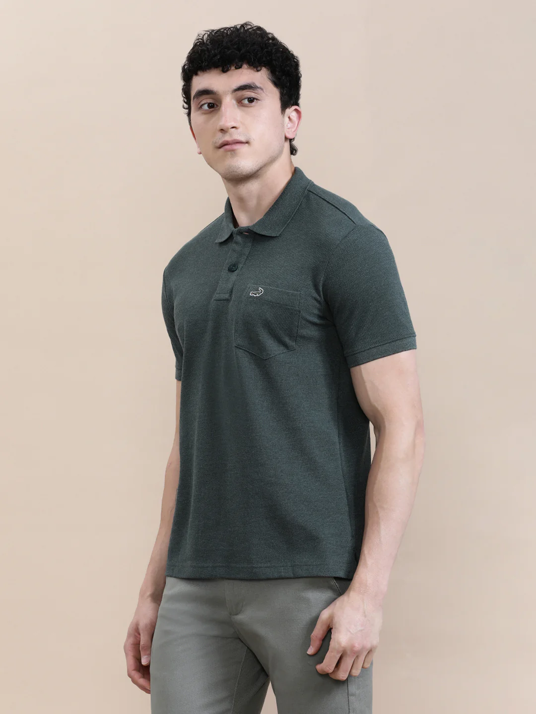 Solid Polo T-Shirt Green Melange with Pocket