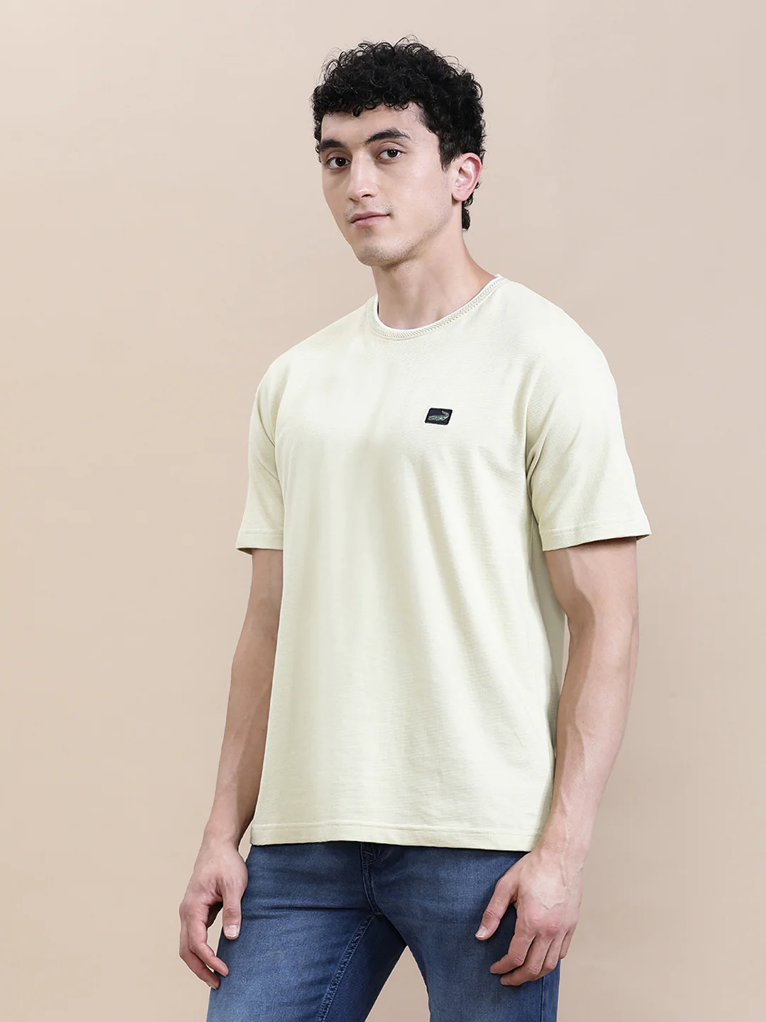 Cream Self-Structured Slim Fit T-Shirt