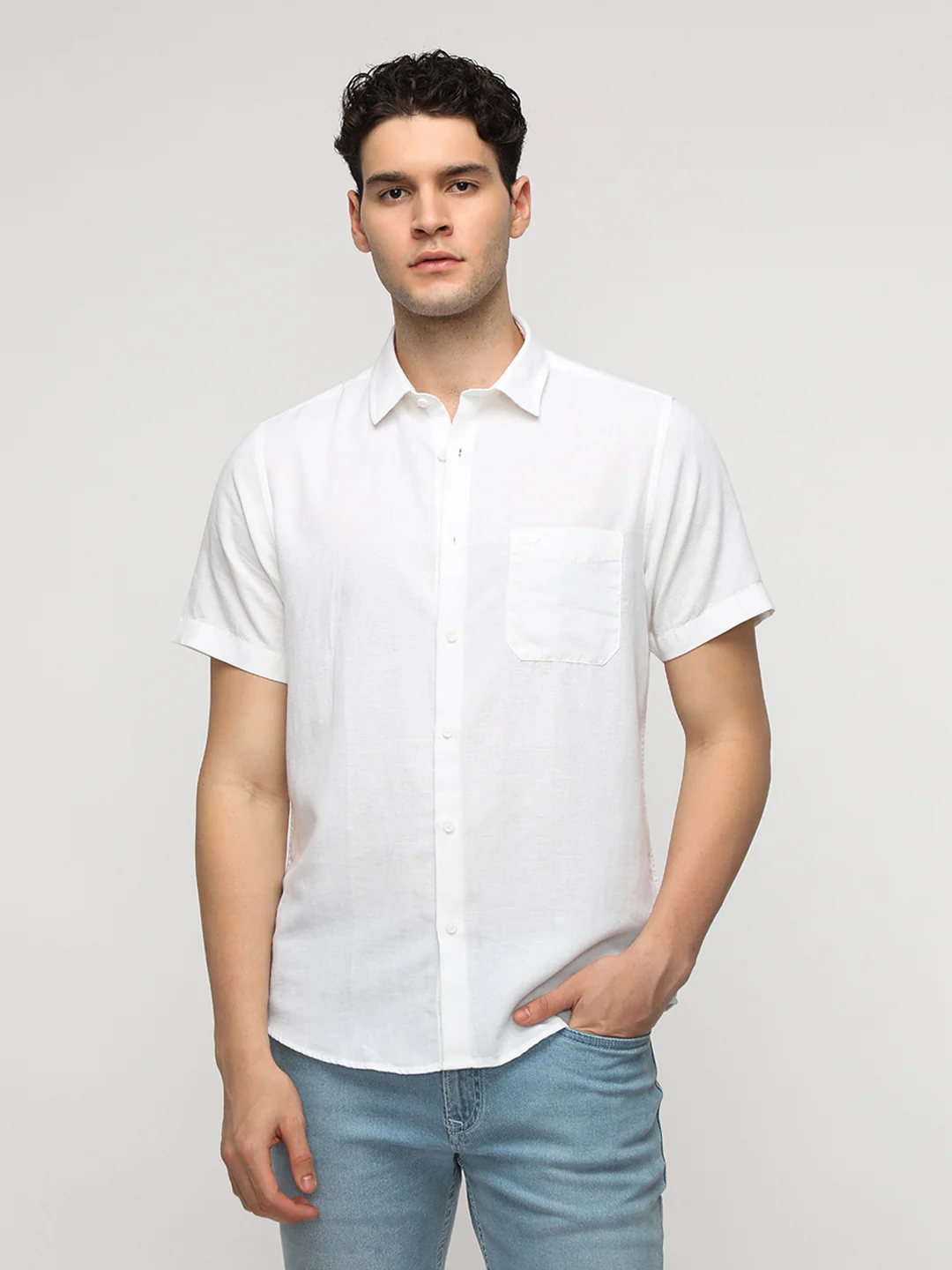 White Linen Blend Plain Shirt