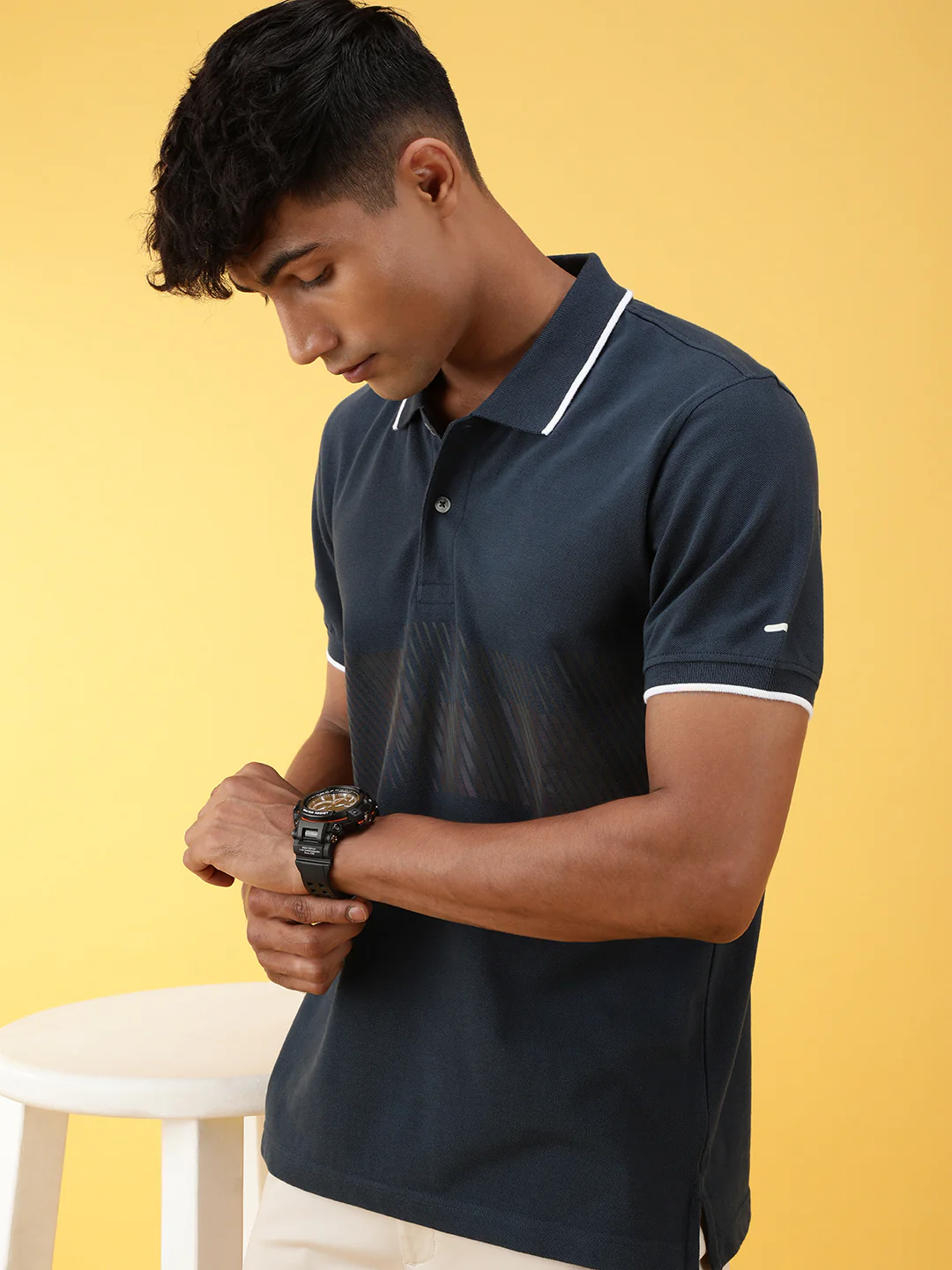 Blue Printed Casual Polo T-Shirt