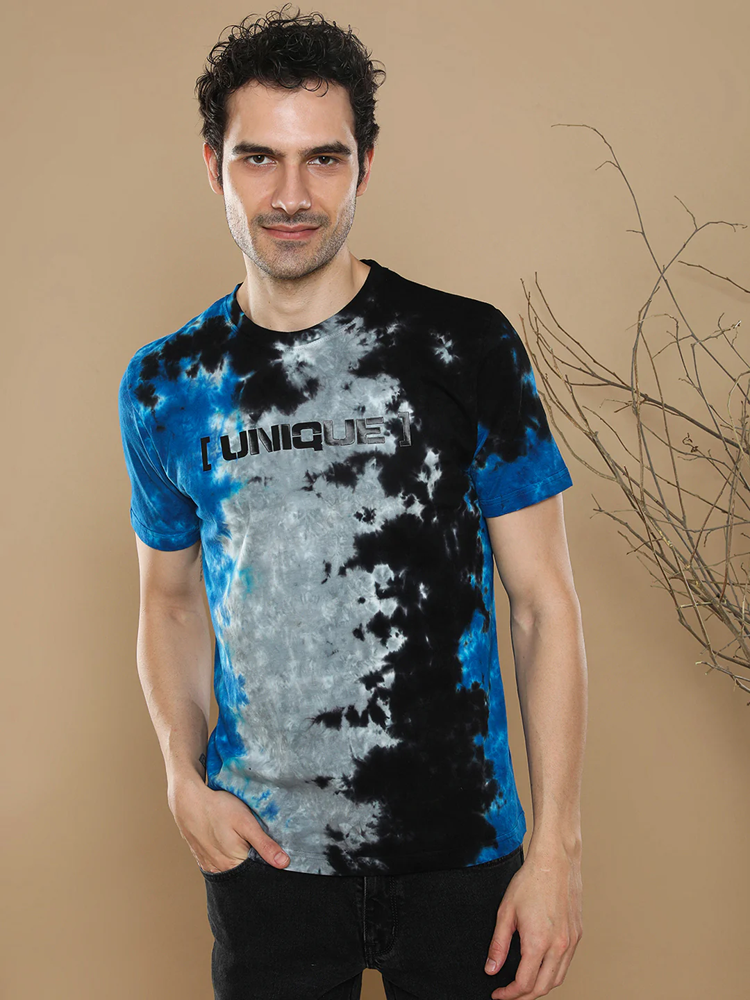 Tie Dye Asymetric T-Shirt With Chest Print In Royal Blue