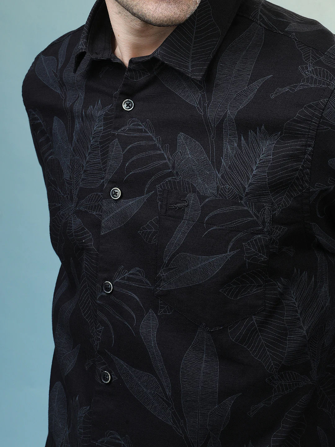 Artistic Leaf Printed Casual Shirt in Cotton Fabric Black