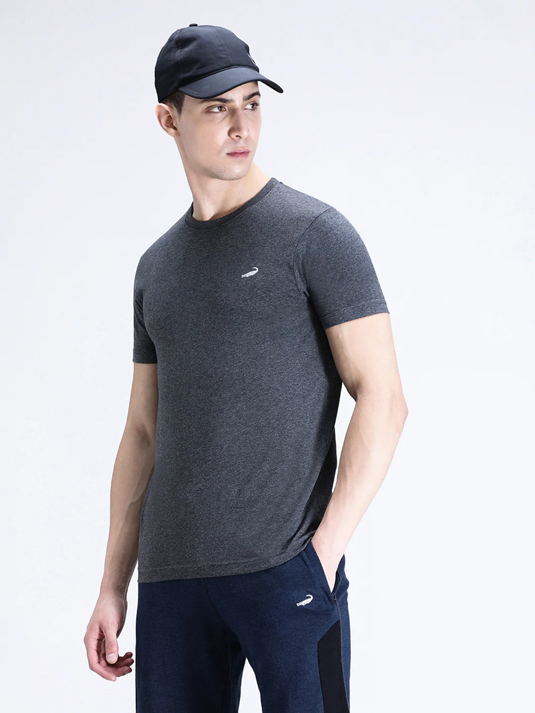 Charcoal Melange Grey Casual Solid T-Shirt