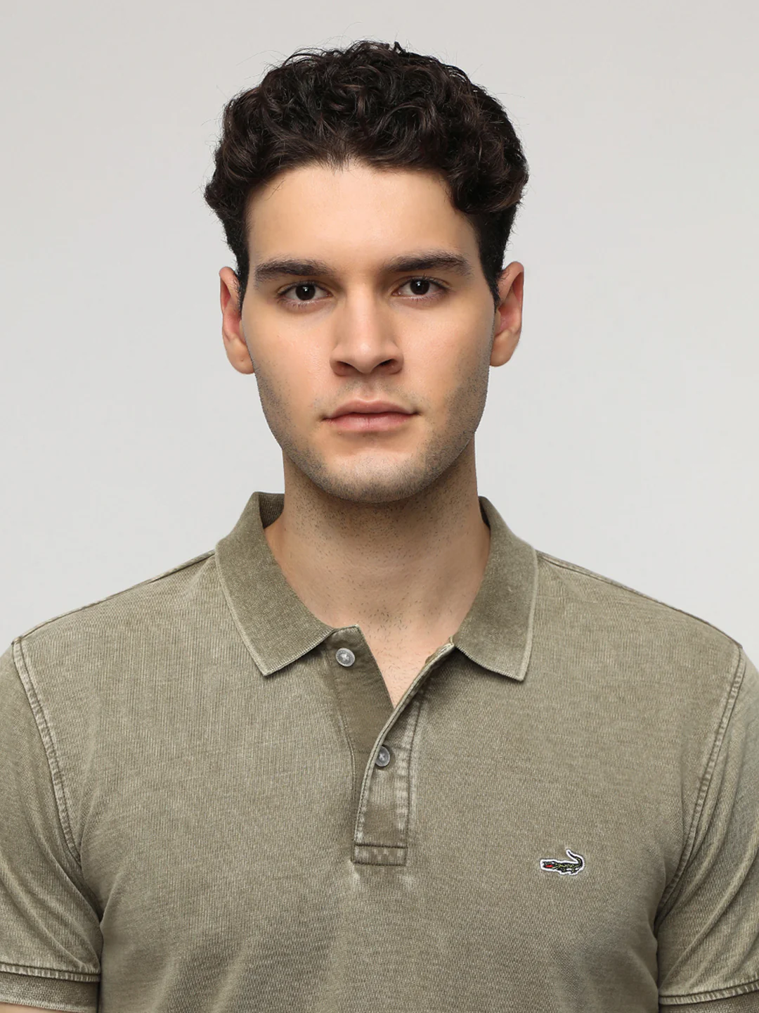 Acid Washed Solid Polo T-Shirt in Olive