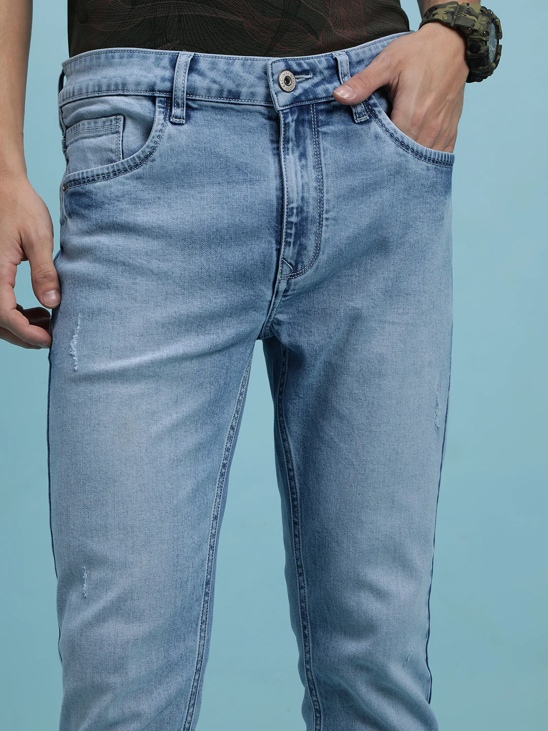 Ice Blue Solid Mid Rise Slim Tapered Jean