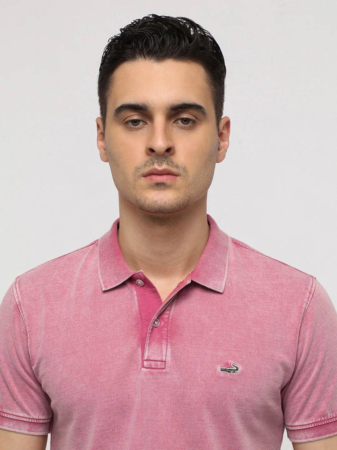 Acid Washed Solid Polo T-Shirt in Baby Pink