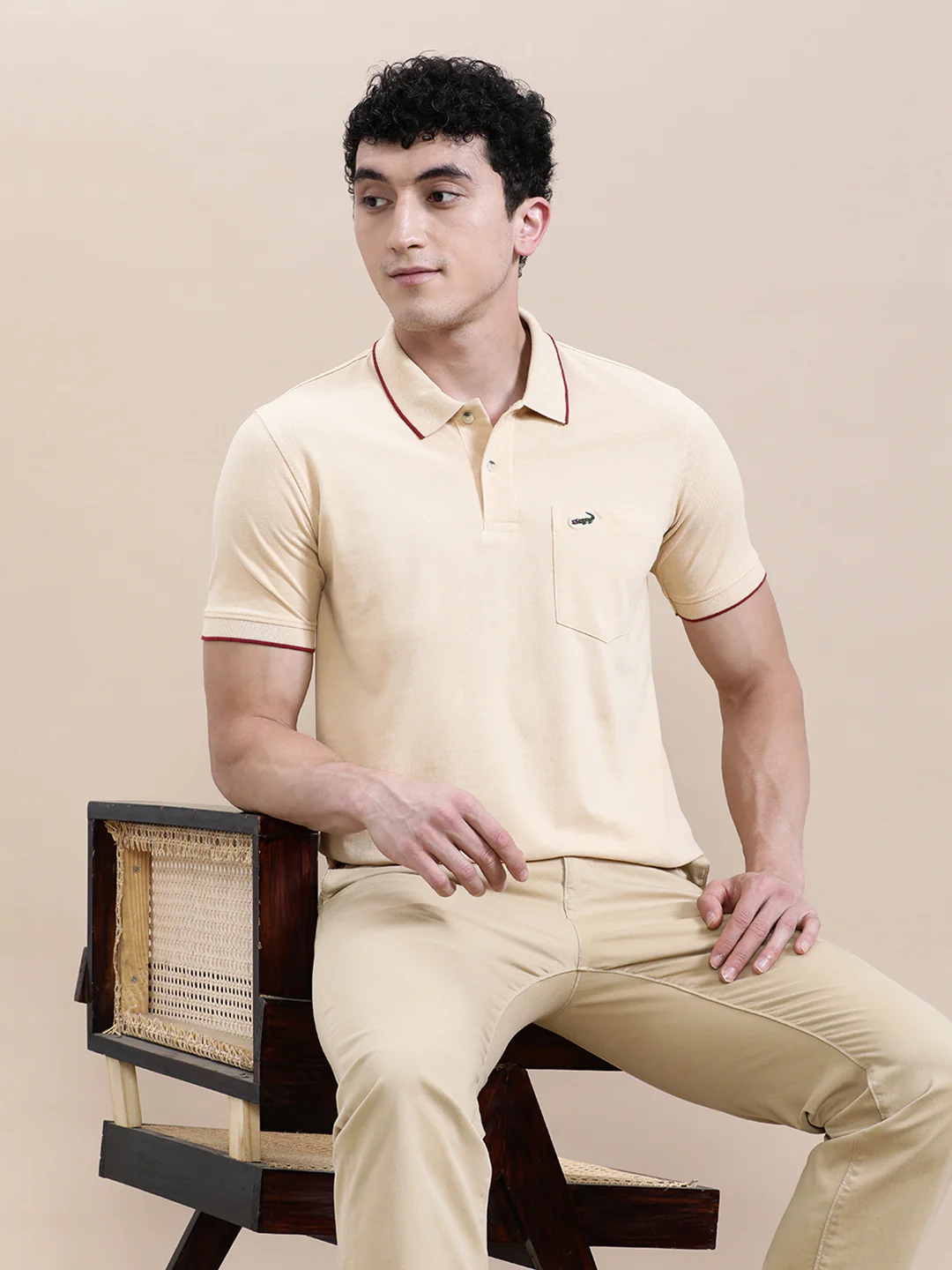 Oat Milk Beige Solid Polo T-Shirt with Pocket