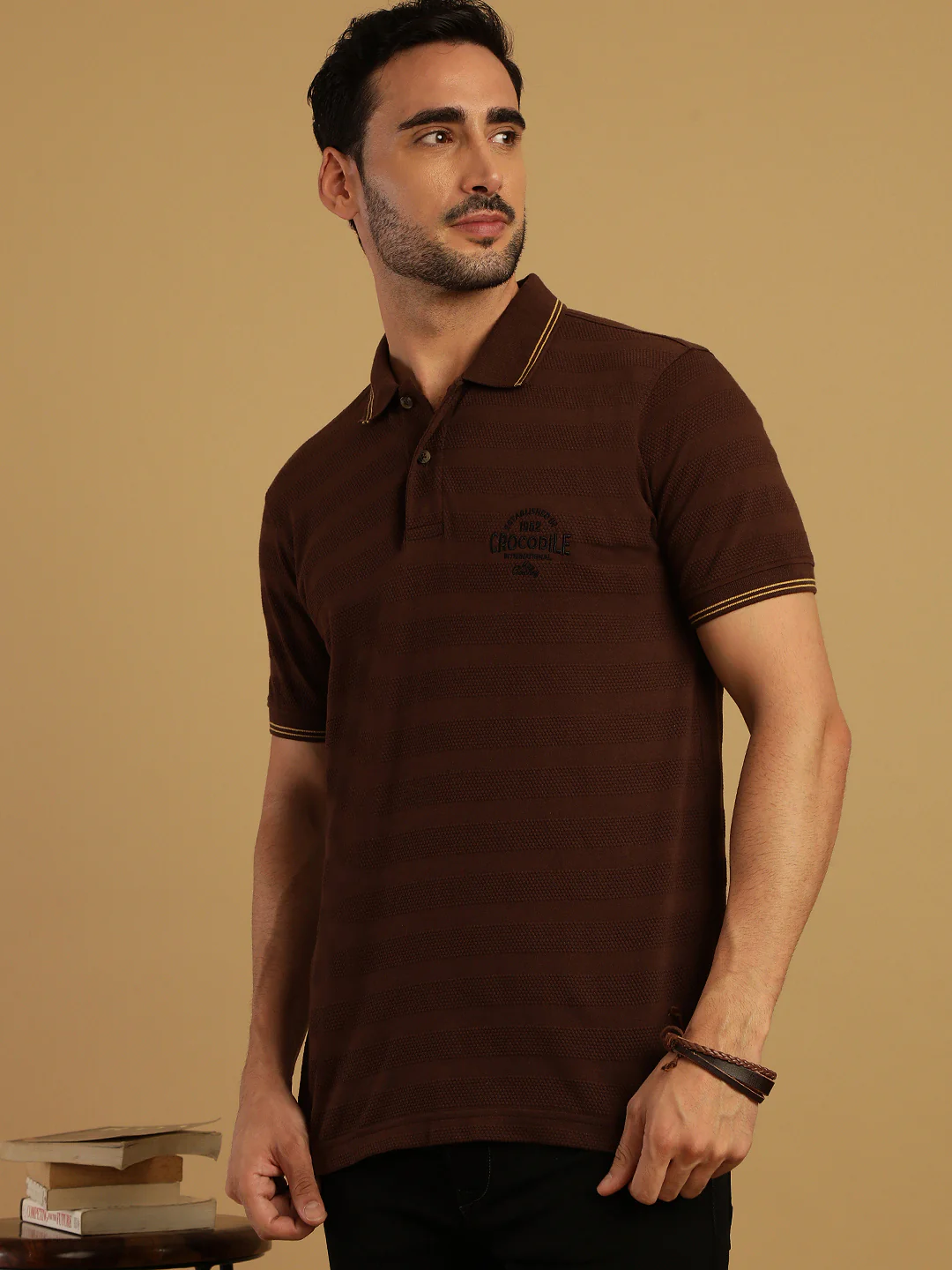 Striped Brown Casual Polo T-Shirt