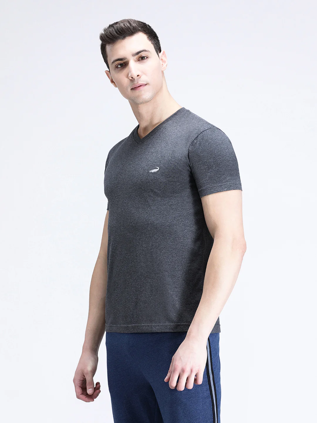 Charcoal Melange Grey Solid Casual T-Shirt