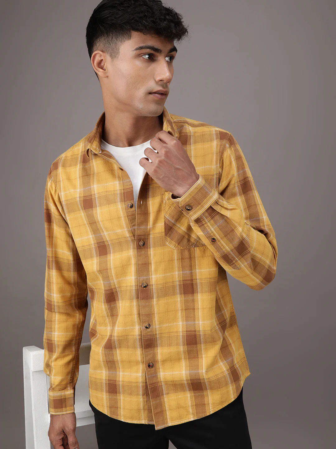 Yellow Checked Casual Full Sleeve 100% Cotton Shirt