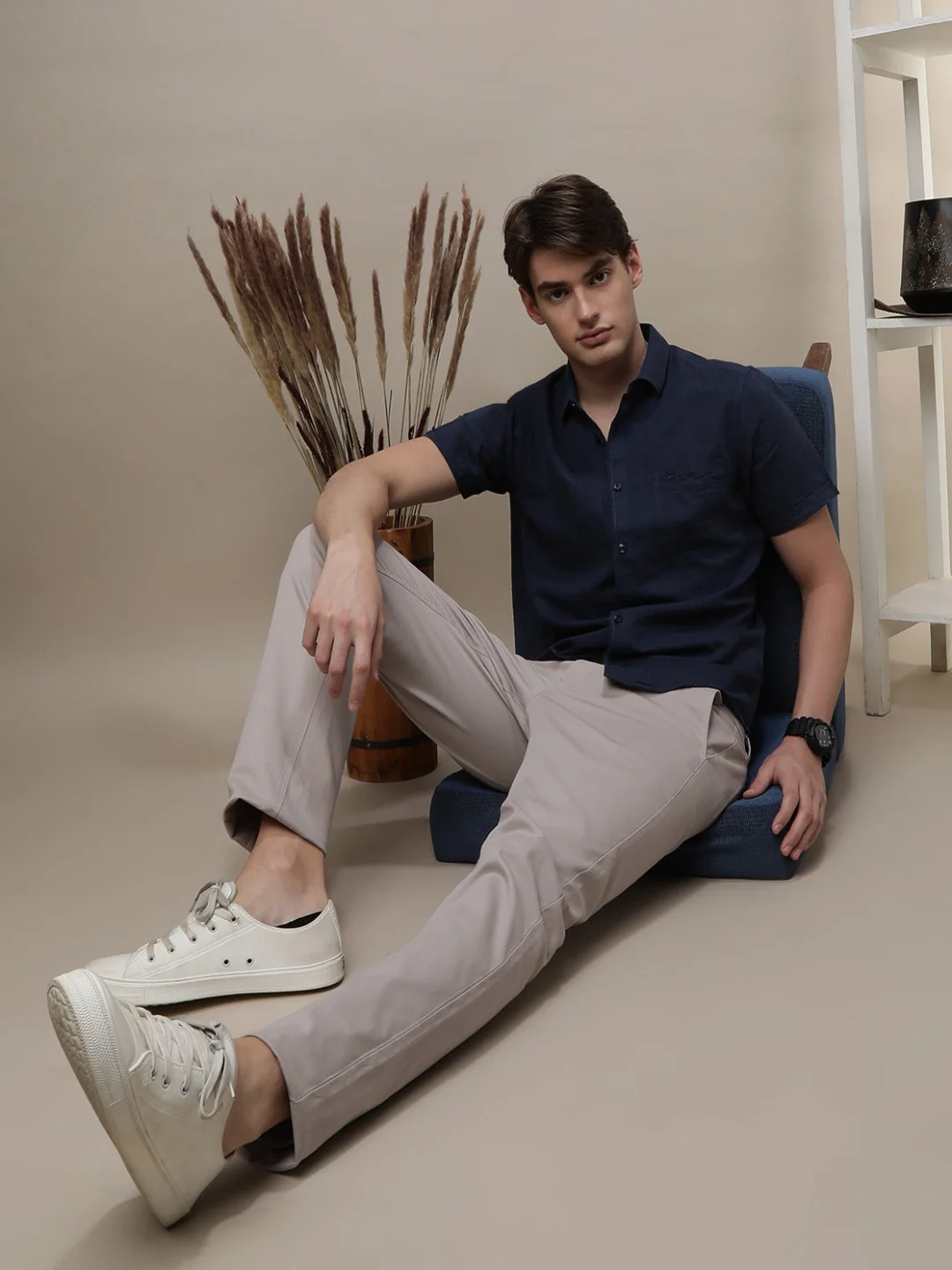 Navy Solid Half Sleeve Linen Shirt