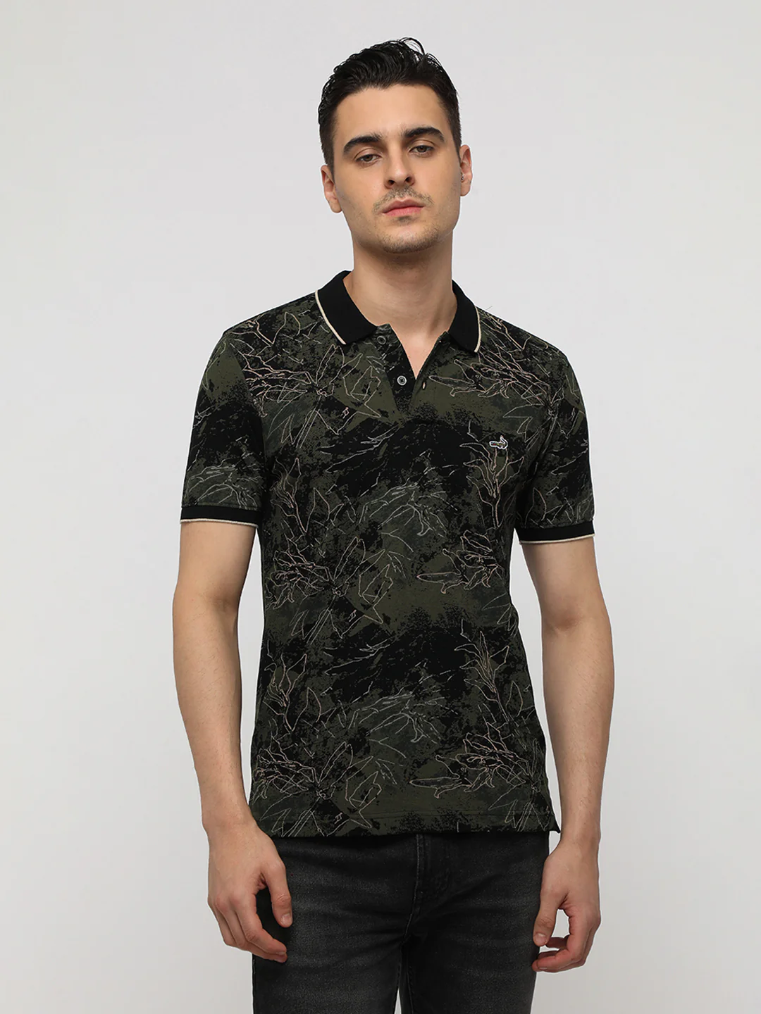 Abstract Grunge All Over Print Polo T-Shirt in Olive