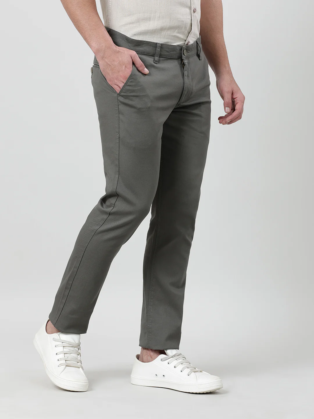 Solid Olive Green Casual Slim Fit Trouser