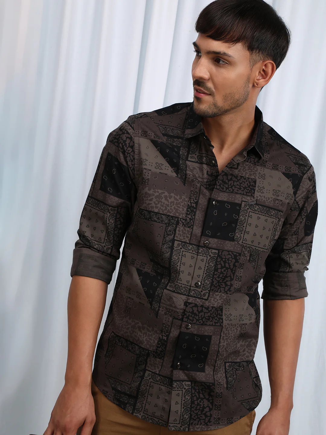Brown Printed Full Sleeve Casual 100% Cotton Shirt