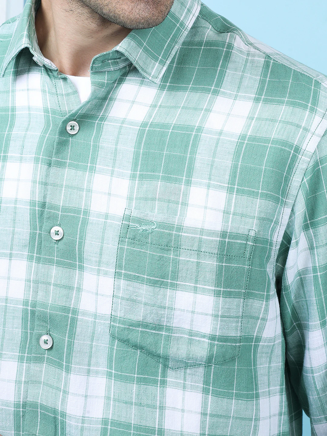 Linen Blend Check Casual Shirt Green