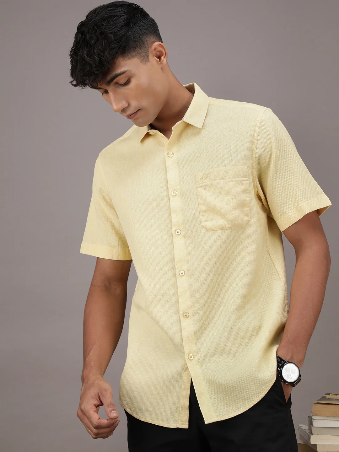 Yellow Solid Half Sleeve 100% Cotton Shirt