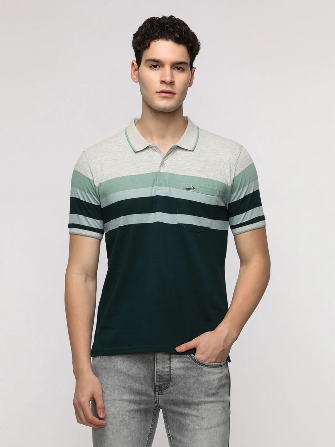 Engineered Jaquard Striper Polo T-Shirt in Dark.Green