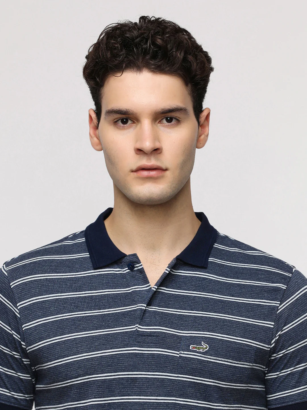 Yarn Dyed Micro Stripe Polo T-Shirt in Navy with Pocket