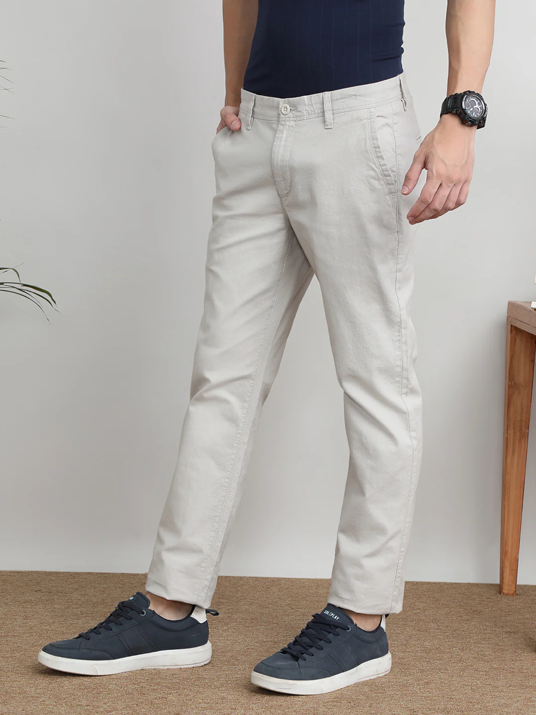 Solid Cream Casual Trouser
