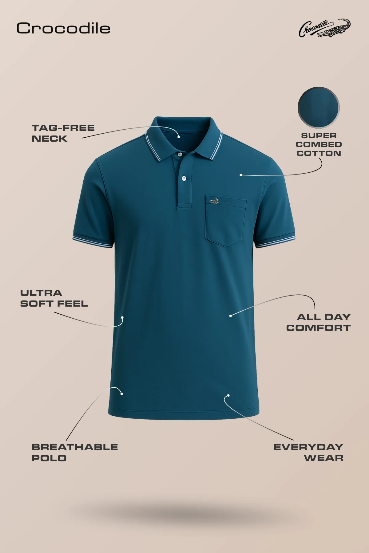 Teal Blue Solid Polo T-Shirt with Pocket