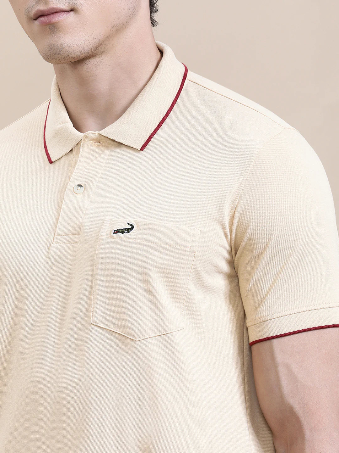 Oat Milk Beige Solid Polo T-Shirt with Pocket
