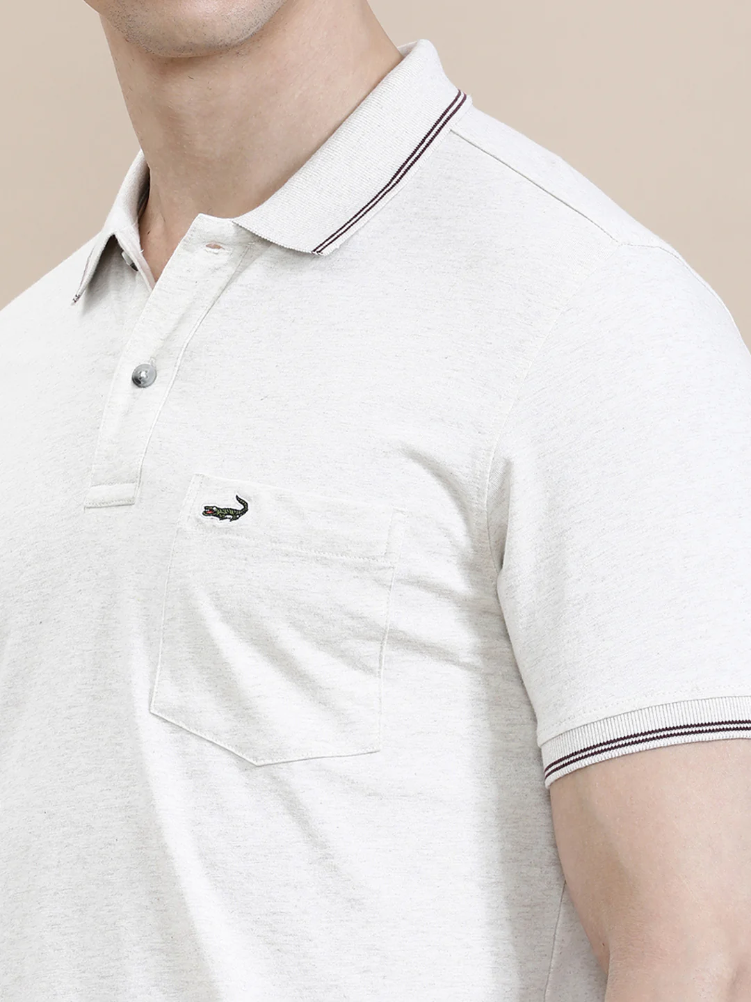Beige Solid Casual Polo T-Shirt with Pocket