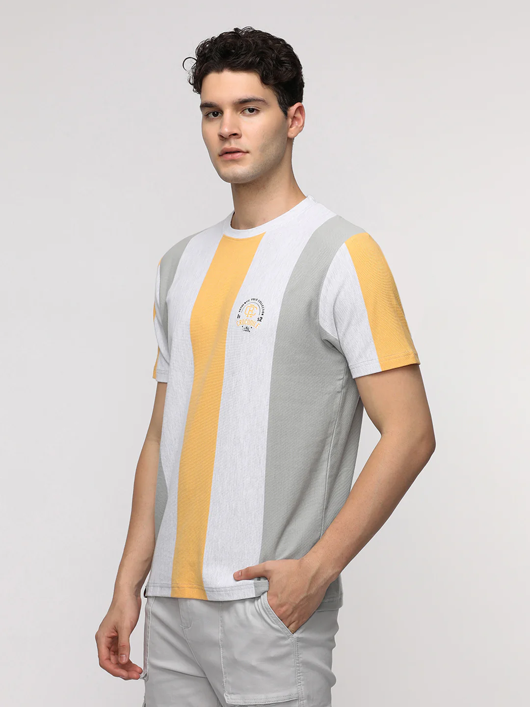 Vertical Stripe with Chest Print T-Shirt in White