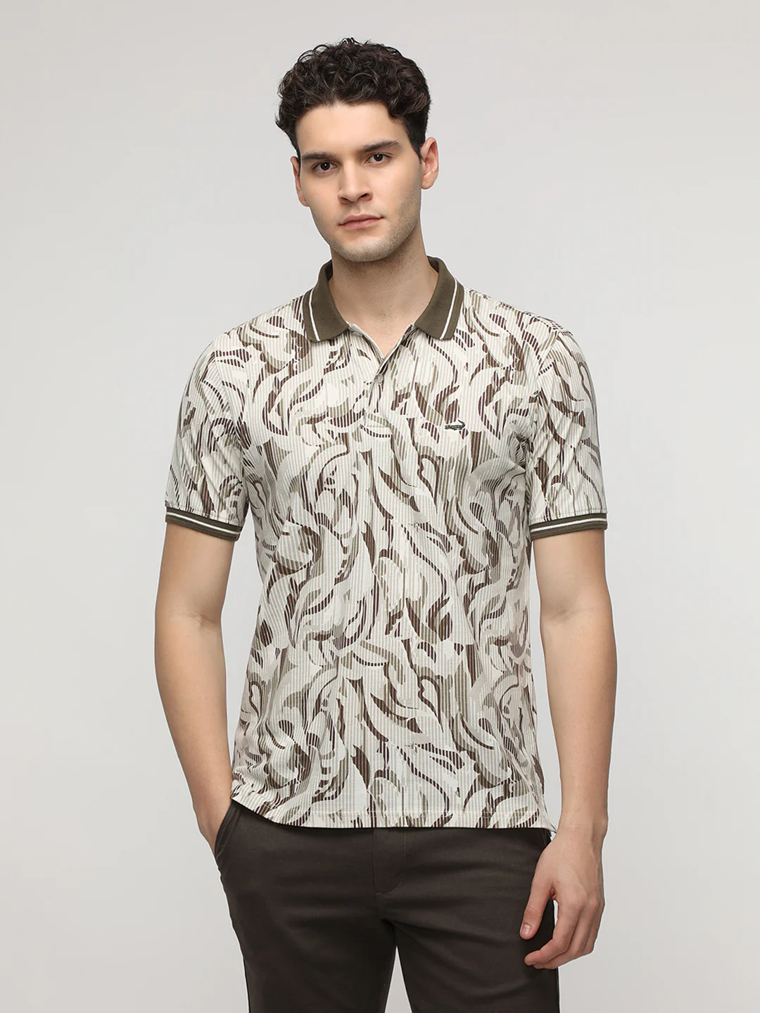 Stripe with Pattern All Over Print Polo T-Shirt in Light.Brown