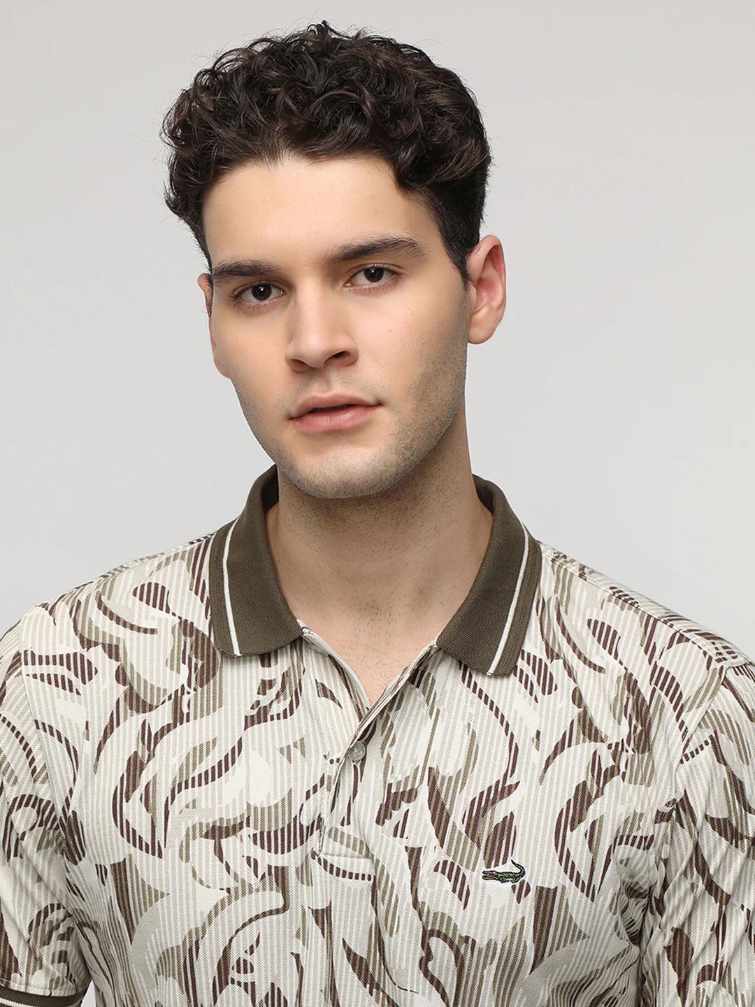 Stripe with Pattern All Over Print Polo T-Shirt in Light.Brown