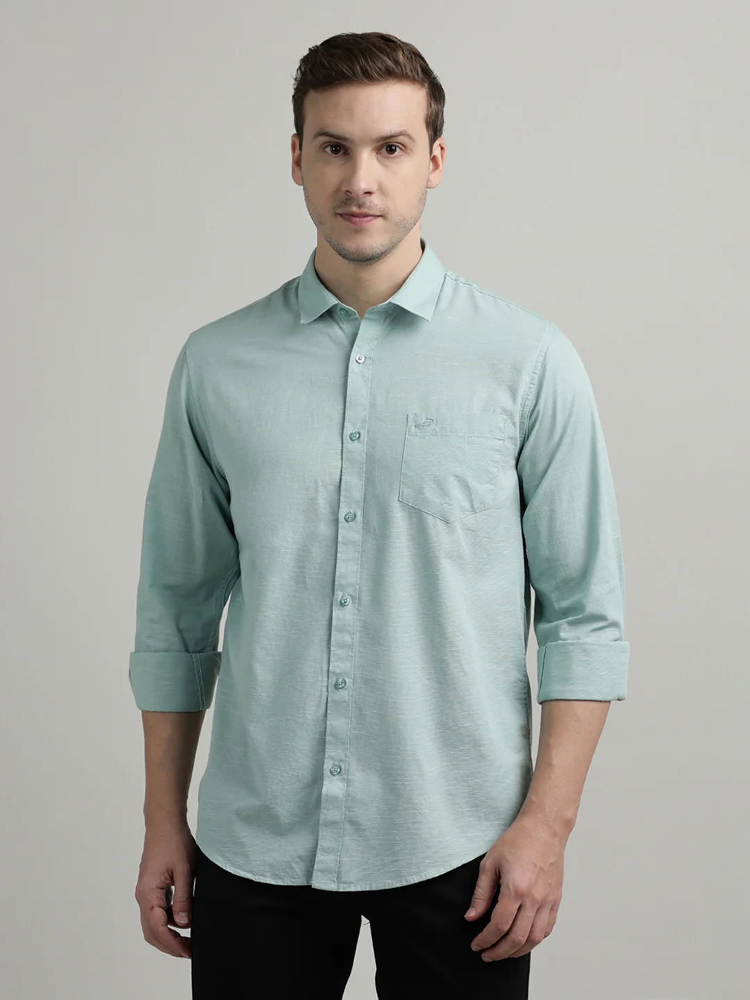 Green Solid Casual Full Sleeve Shirt