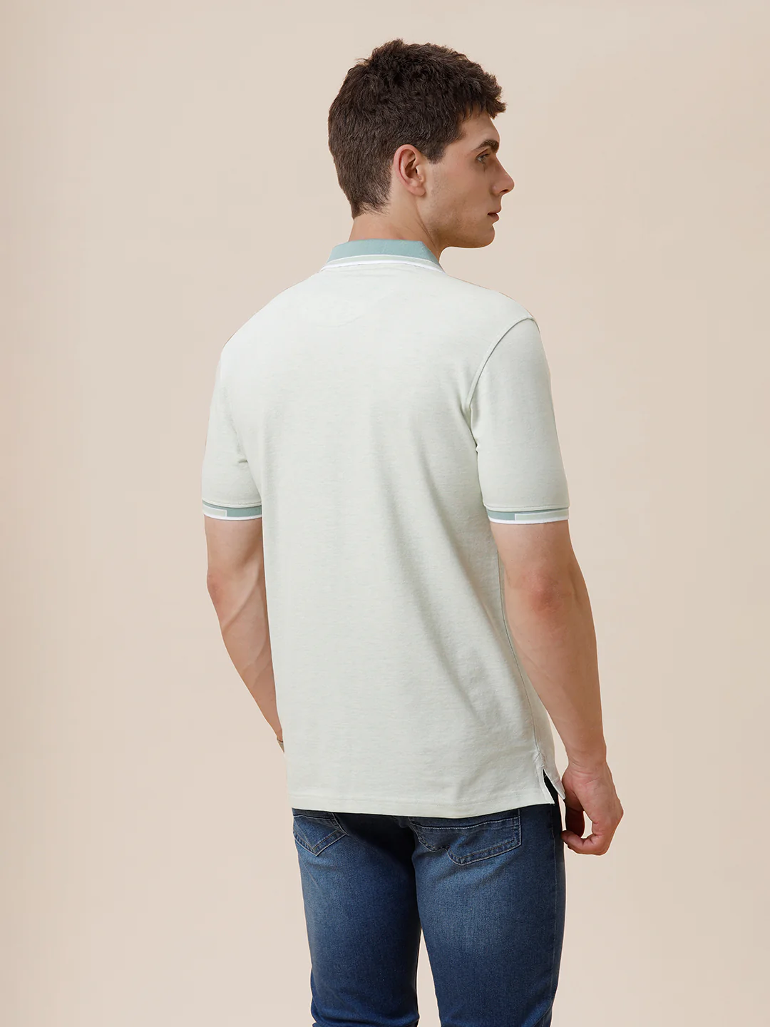 Melange Solid Polo Tshirt With Plated Collar & Cuff In Green Melange