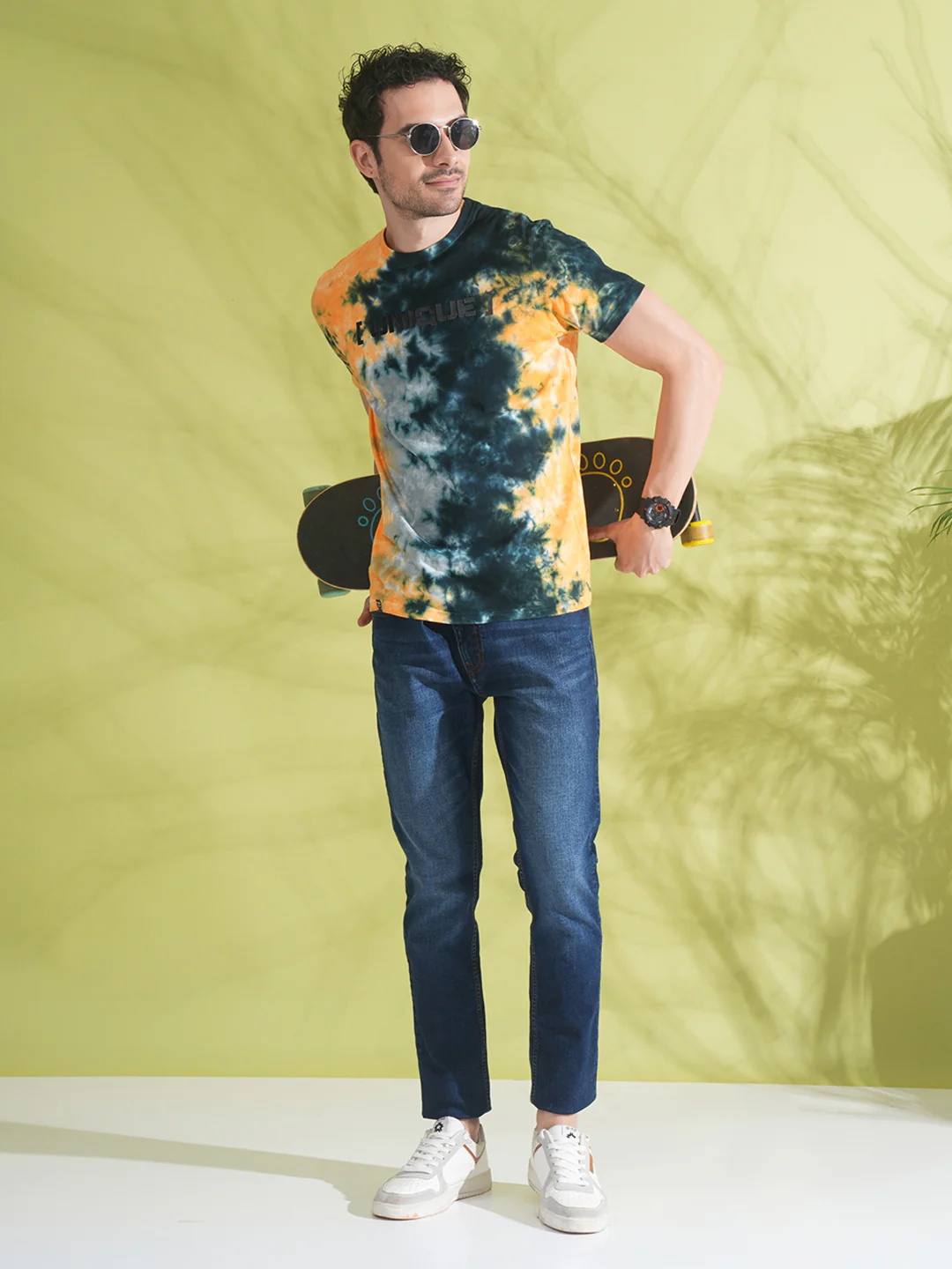 Tie Dye Asymetric T-Shirt With Chest Print In Yellow