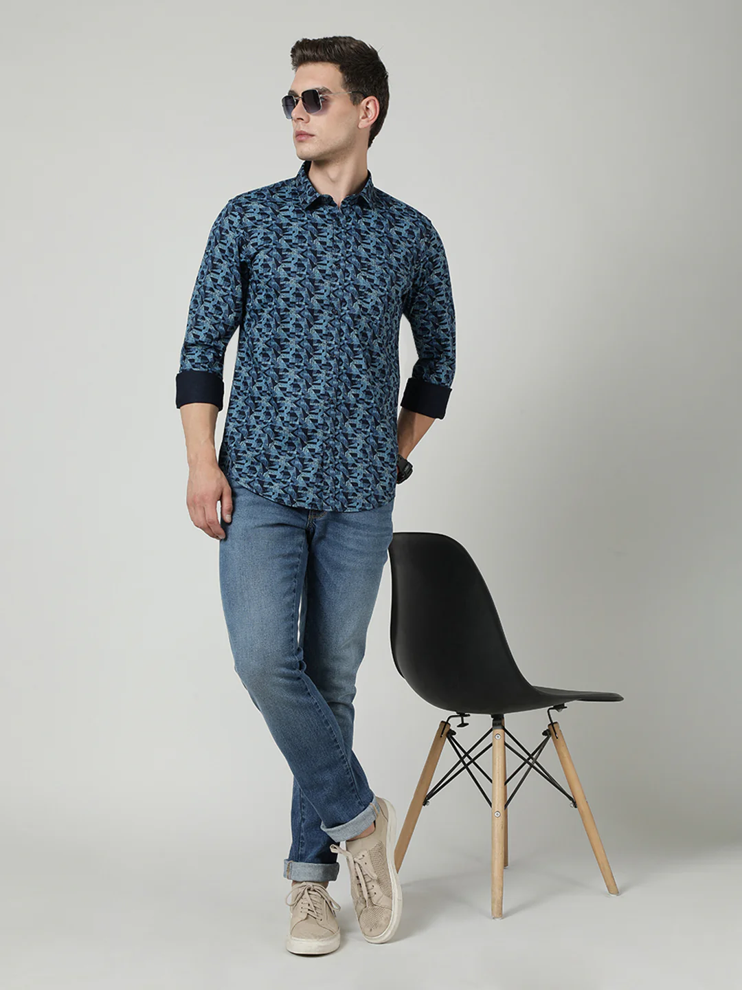 Navy Printed Full Sleeve 100% Cotton Shirt