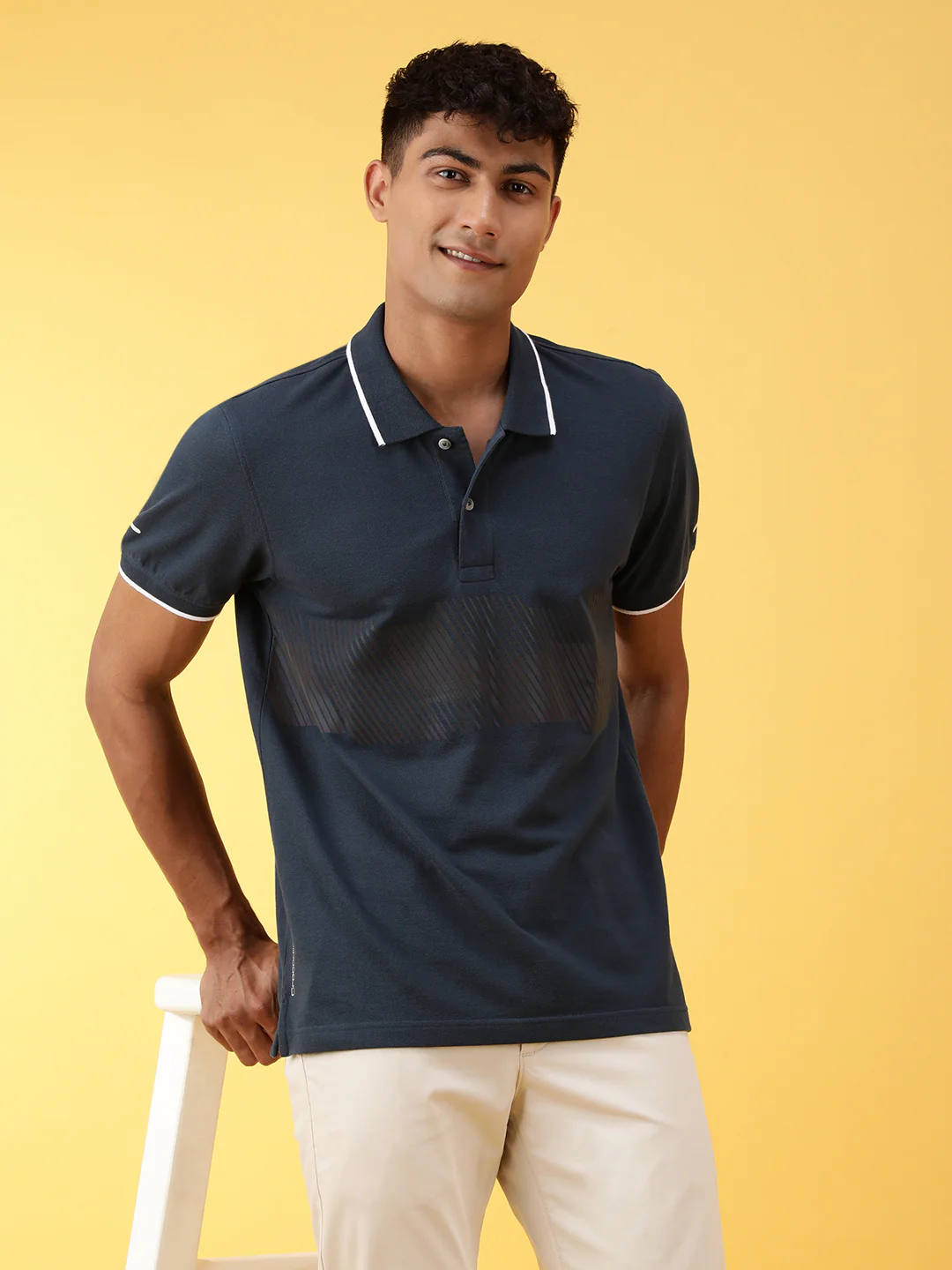 Blue Printed Casual Polo T-Shirt